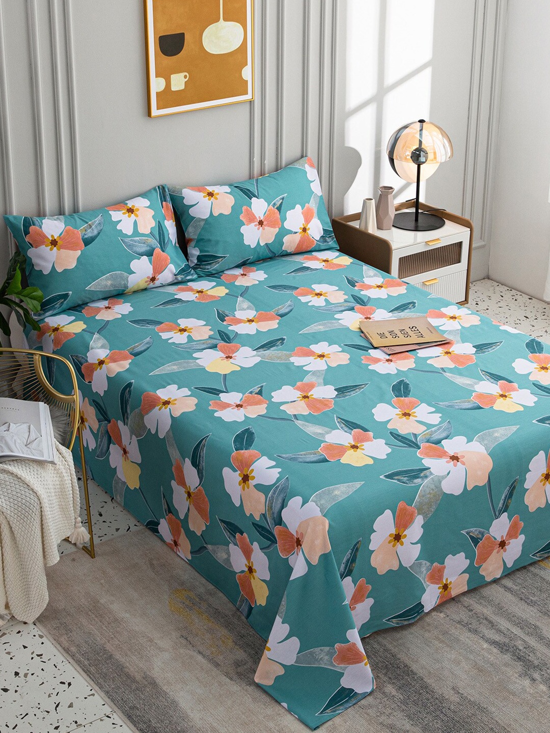 

JC HOME Multicoloured & White 200 TC King Floral Cotton Bedsheet, Multi