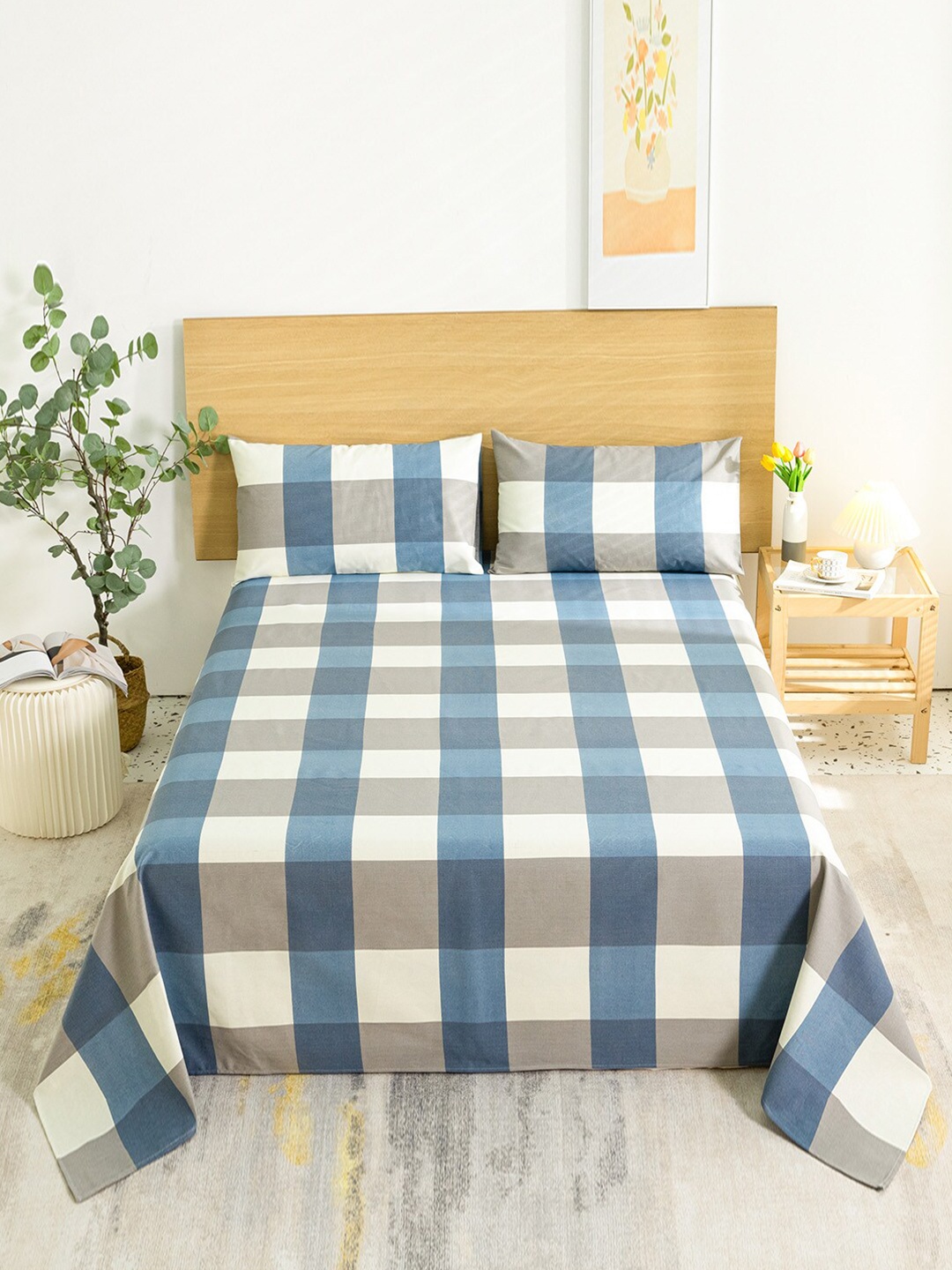 

JC HOME White & Blue Geometric Single Bedsheet