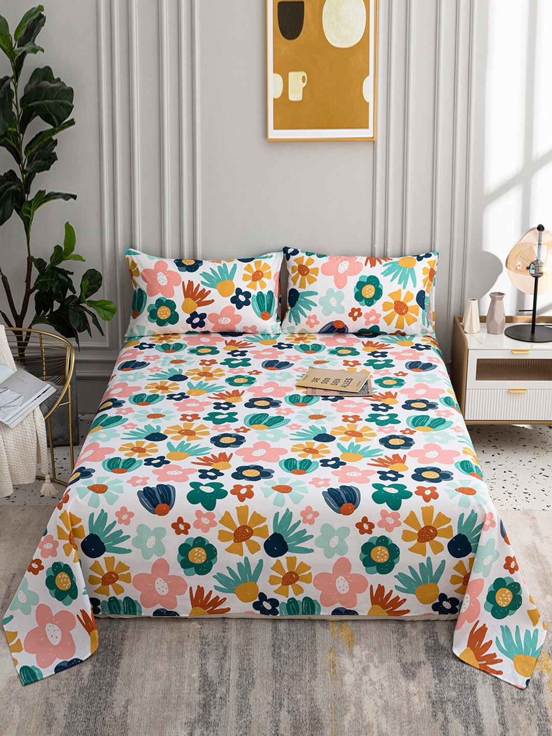 

JC HOME White & Green Floral 200 TC King Bedsheet