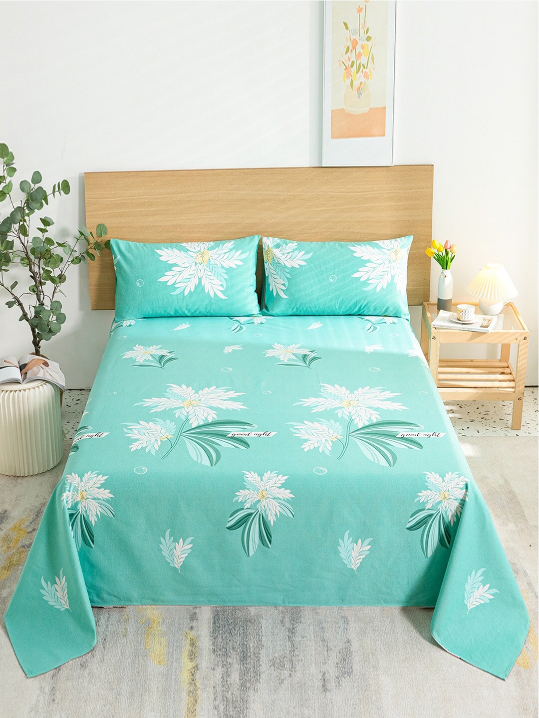 

JC HOME Green & White Floral King Bedsheet with 2 Pillow Covers