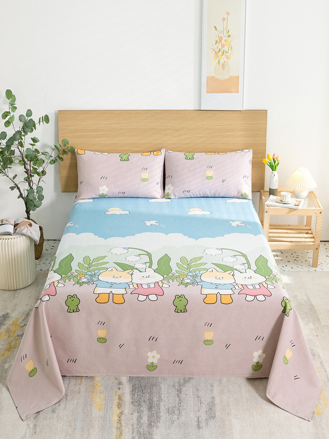 

JC HOME White & Pink Graphic 144 TC King Bedsheet with 2 Pillow Covers