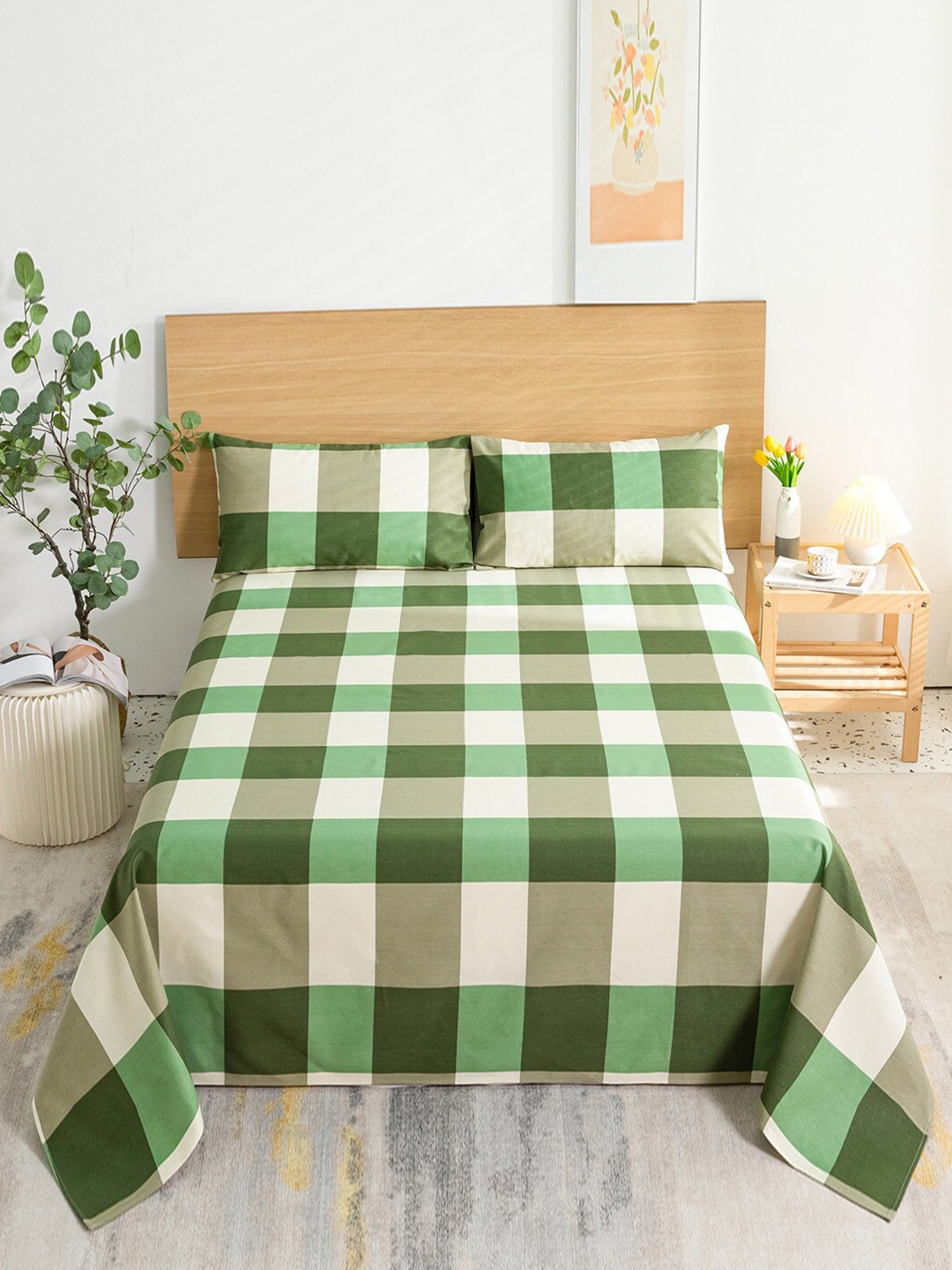 

JC Collection Green & Cream Geometric Single Bedsheet with 2 Pillow Covers