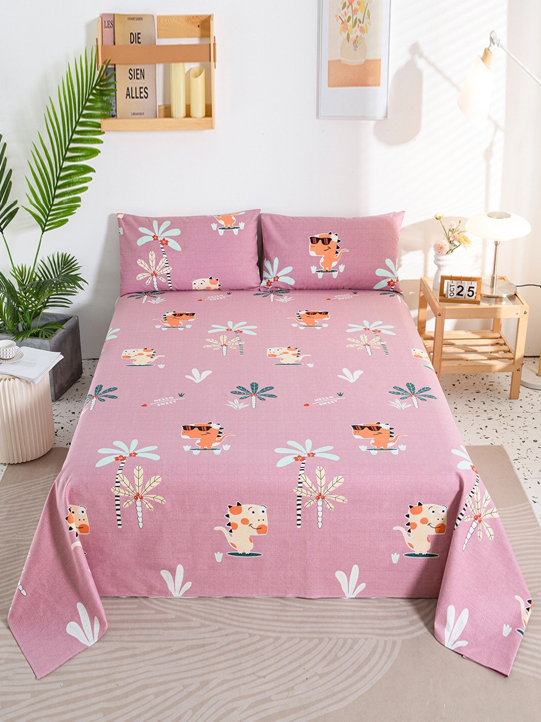 

JC Collection Pink & White Floral 144 TC King Bedsheet with 2 Pillow Covers