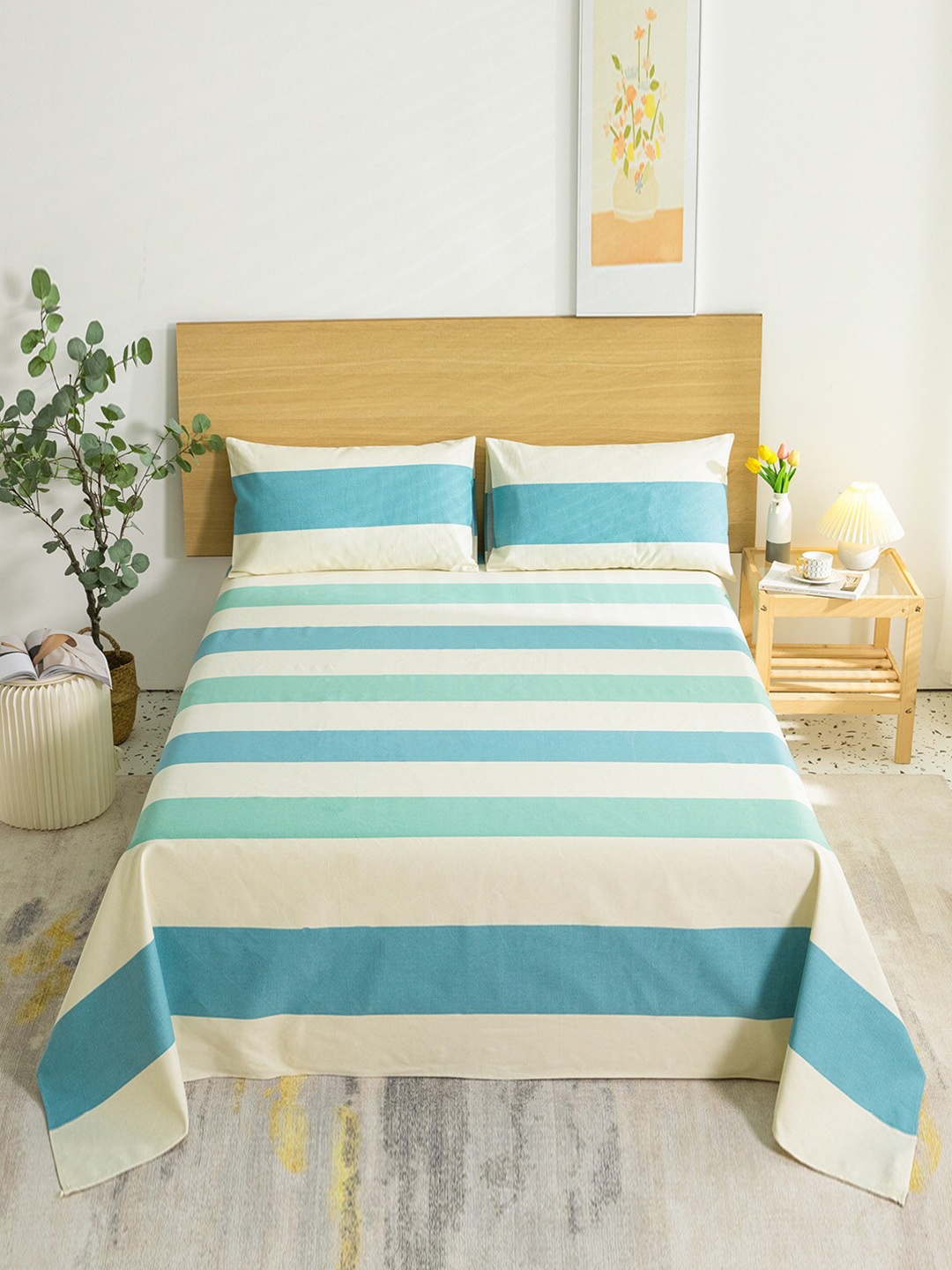 

JC HOME Cream-Coloured & Blue Striped 144 TC King Bedsheet with 2 Pillow Covers