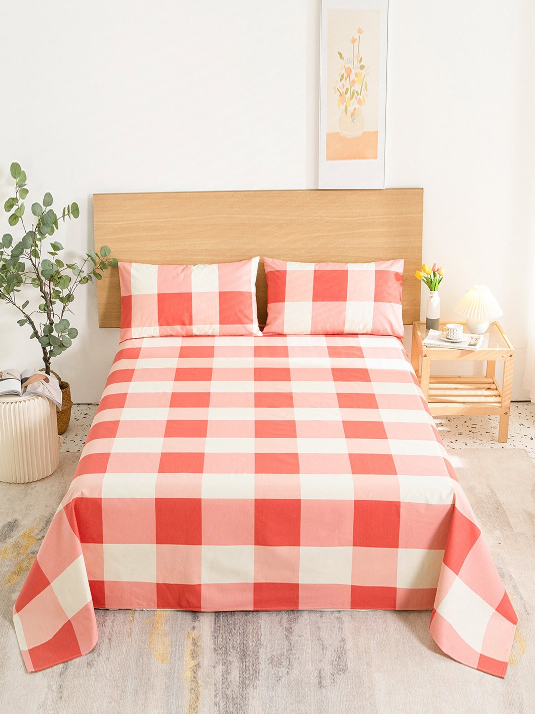 

JC HOME Pink & Cream-Coloured Geometric King Bedsheet with 2 Pillow Covers