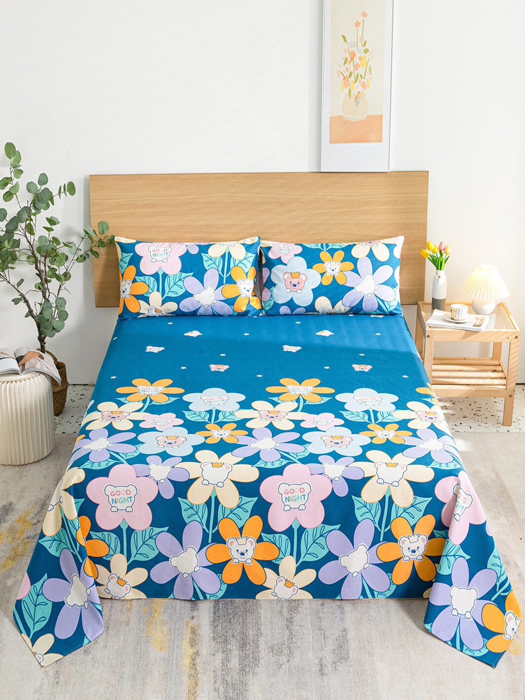 

JC HOME Blue & Pink Floral 144 TC King Bedsheet with 2 Pillow Covers