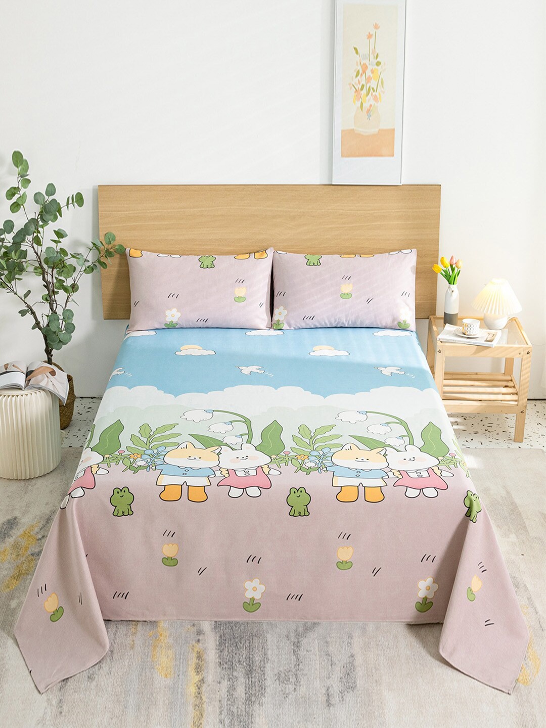 

JC HOME Multicoloured 144 TC Queen Cartoon Cotton Bedsheet with 2 Pillow Covers, Multi