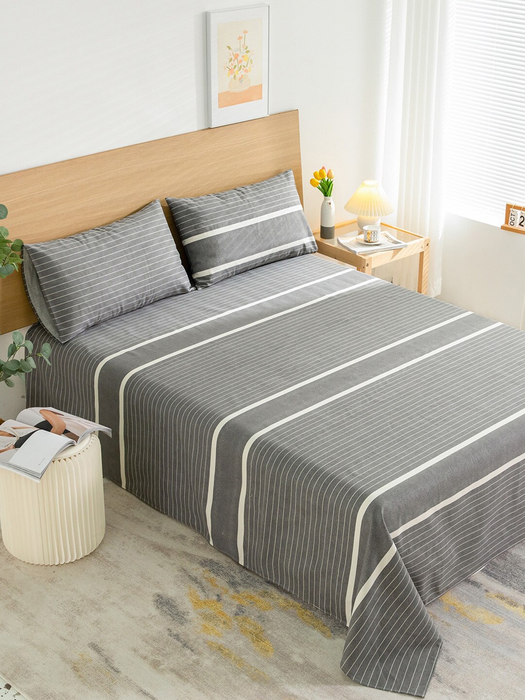 

JC HOME Grey & White 144 TC Single Striped Cotton Bedsheet with 1 Pillow Covers