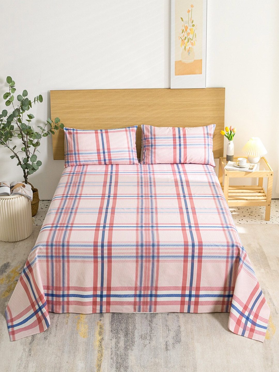 

JC Collection Pink & Blue 144 TC Queen Geometric Cotton Bedsheet with 2 Pillow Covers