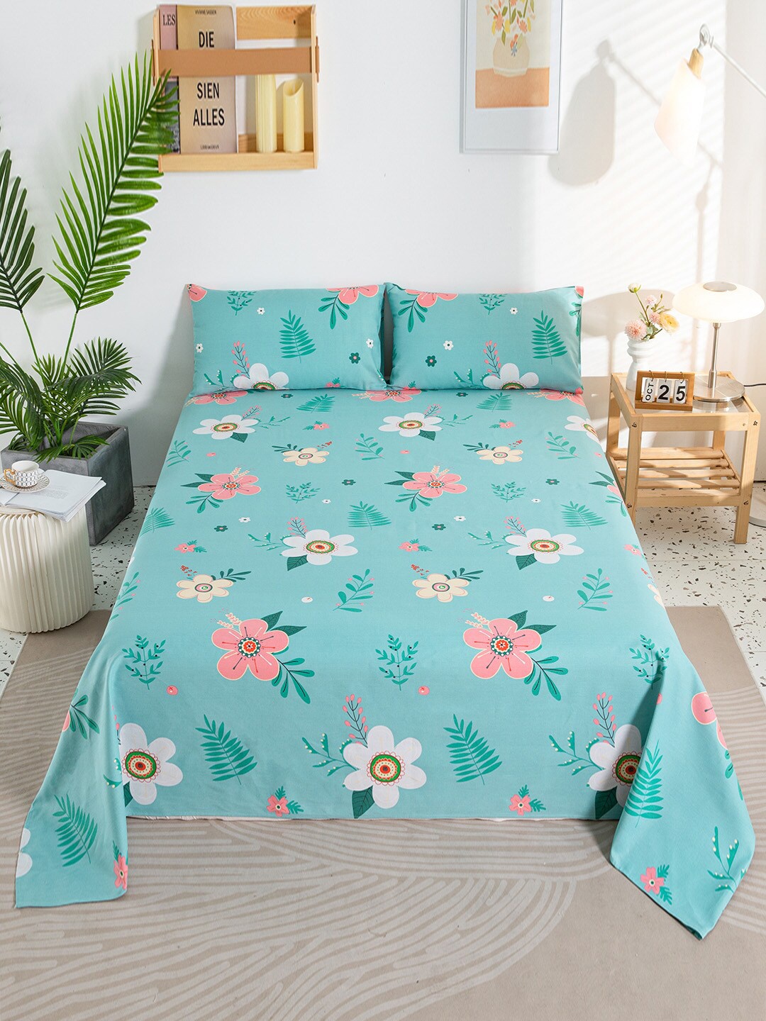 

JC HOME Sea Green & Pink Floral 144 TC King Bedsheet with 2 Pillow Covers