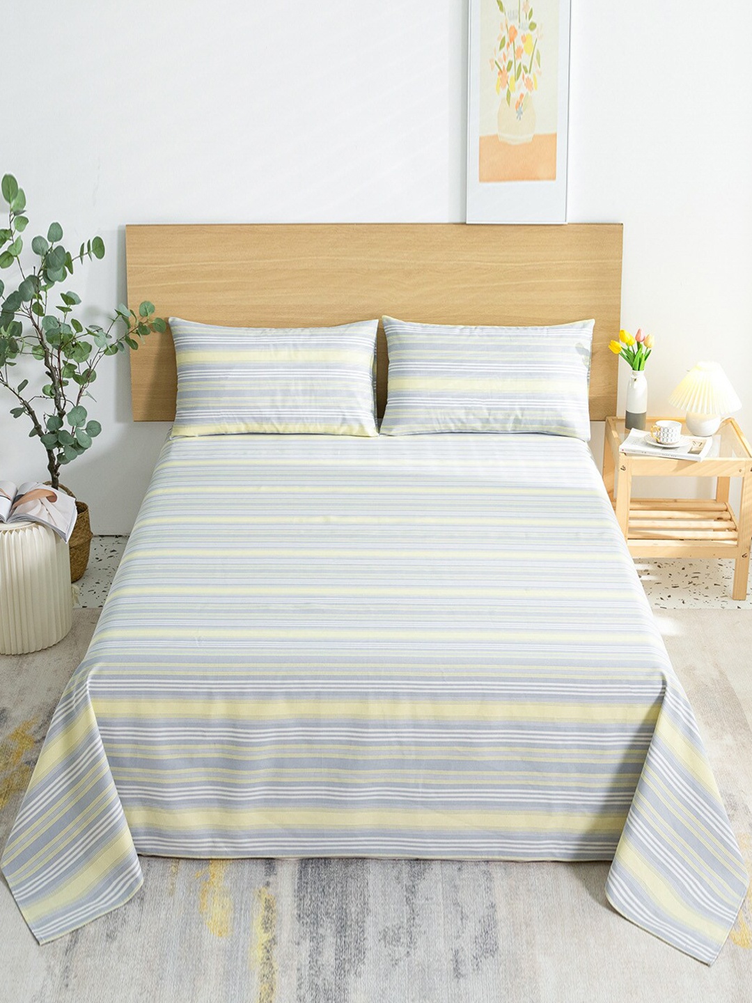 

JC Collection Grey & Yellow Striped 144 TC King Bedsheet