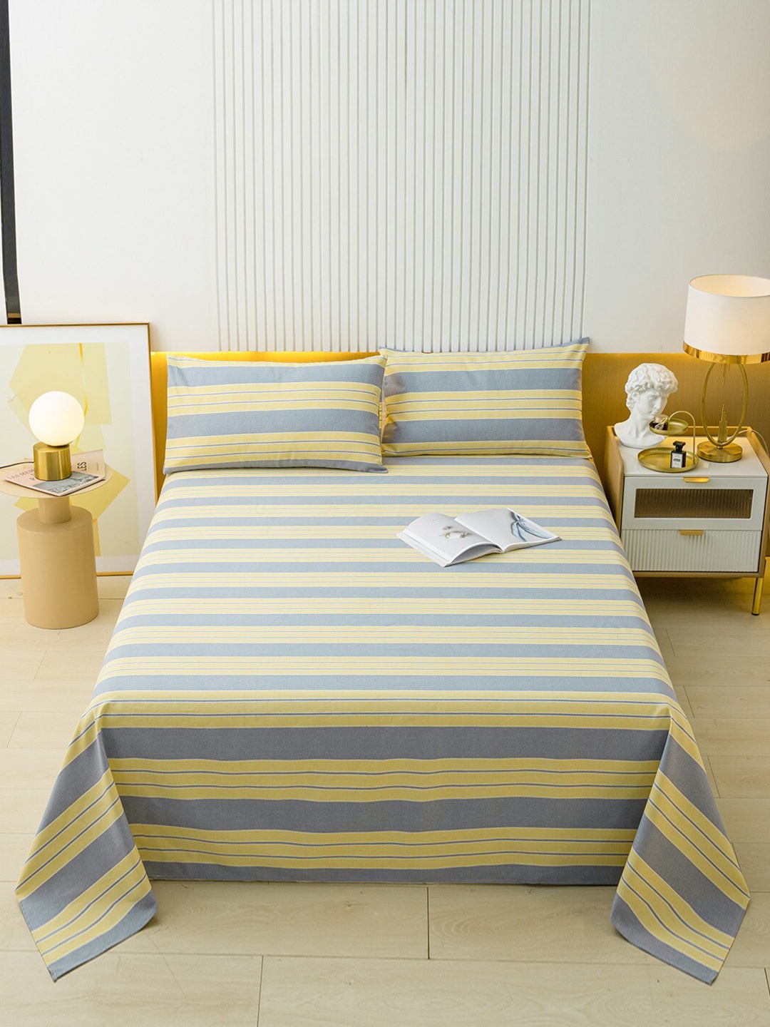 

JC HOME Yellow & Grey Striped 144 TC Single Bedsheet with 2 Pillow Covers