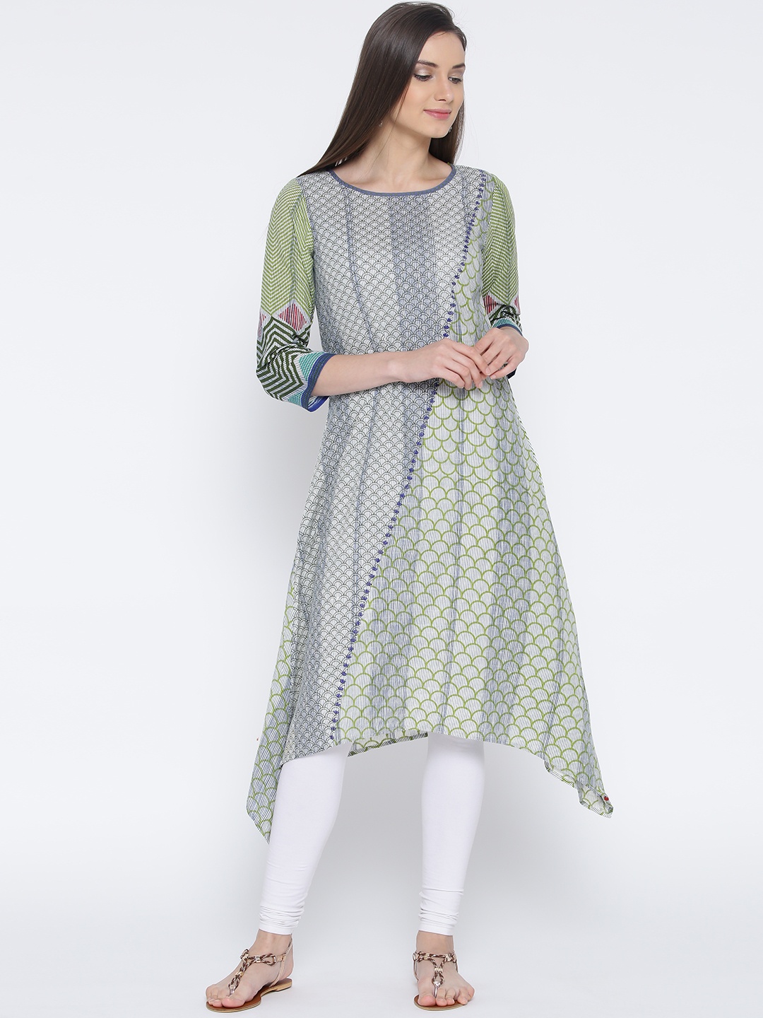 

Biba Women Green & Off-White Printed A-Line Kurta