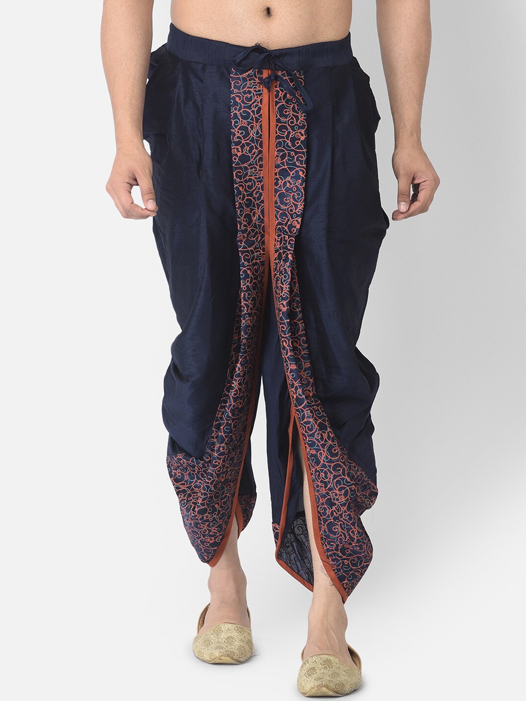 

DEYANN Men Navy Blue & Orange Printed Silk Dhotis