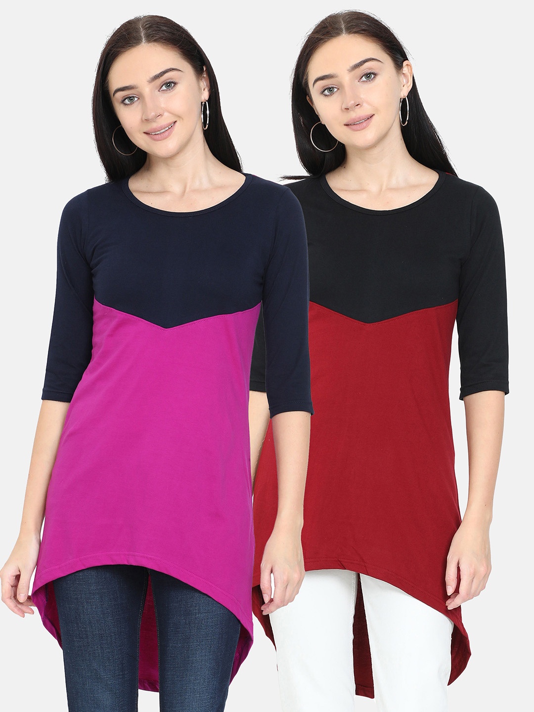 

Fleximaa Pack of 2 Magenta & Maroon Colourblocked Top