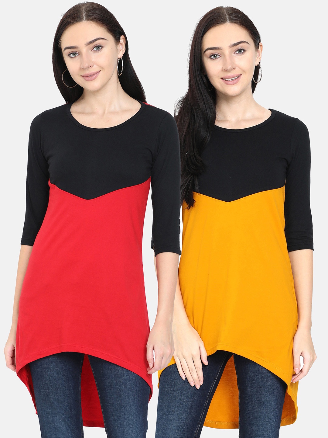 

Fleximaa Women Red & Yellow Colourblocked Longline Top
