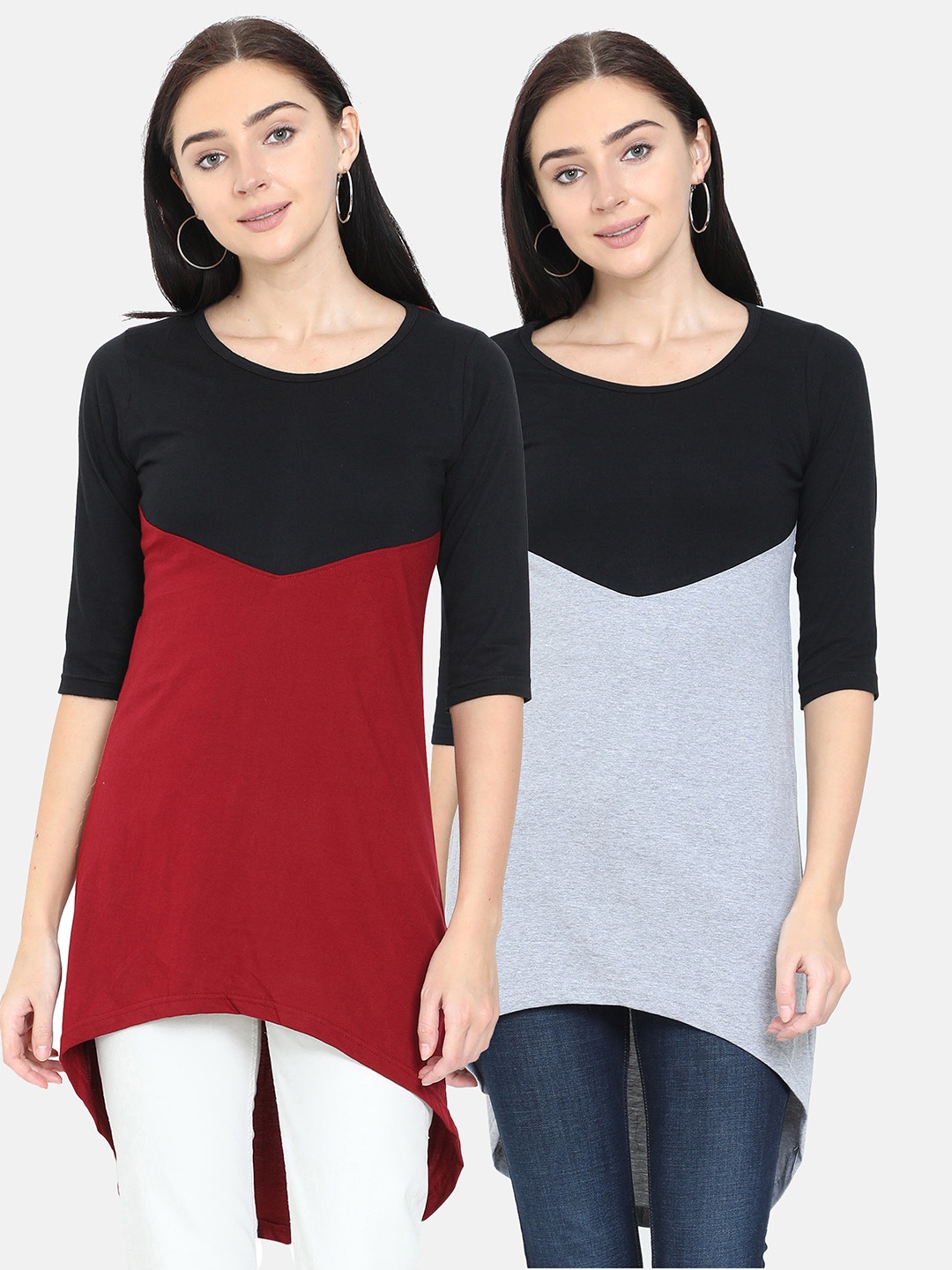 

Fleximaa Black & Red Colourblocked Set Of 2 Pure Cotton Longline Top