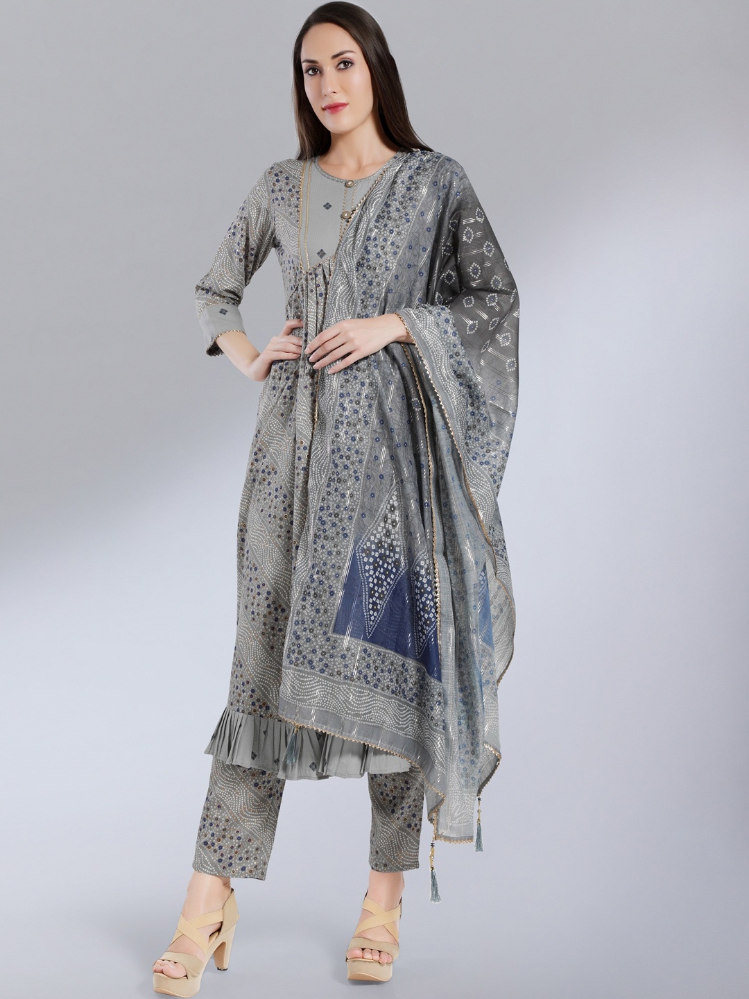 

MADHURAM Women Grey Striped Layered Kurta with Trousers & With Dupatta