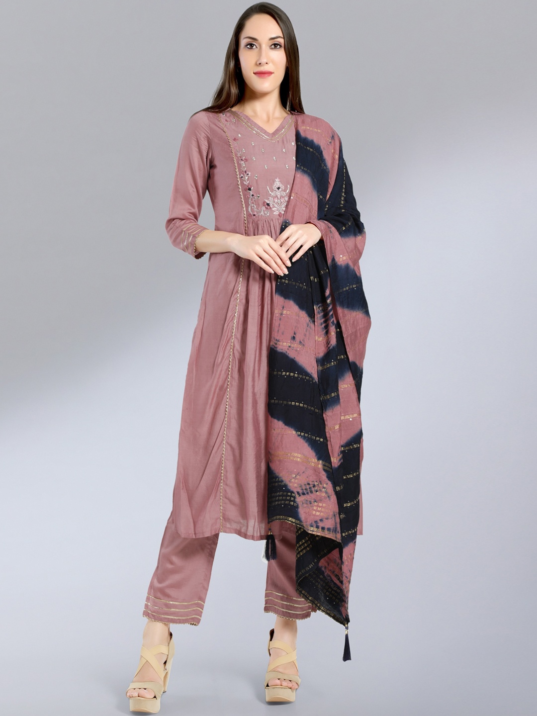 

MADHURAM Women Rust Pleated Chanderi Silk Kurta with Trousers & With Dupatta