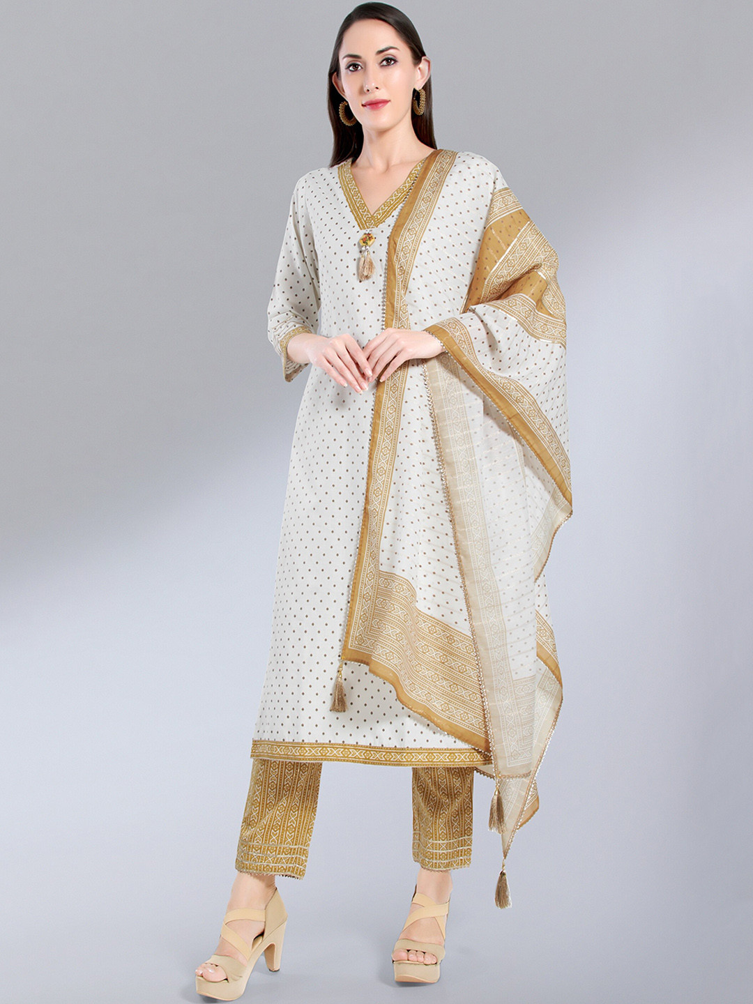 

MADHURAM Women White Ethnic Motifs Printed Kurta with Trousers & With Dupatta