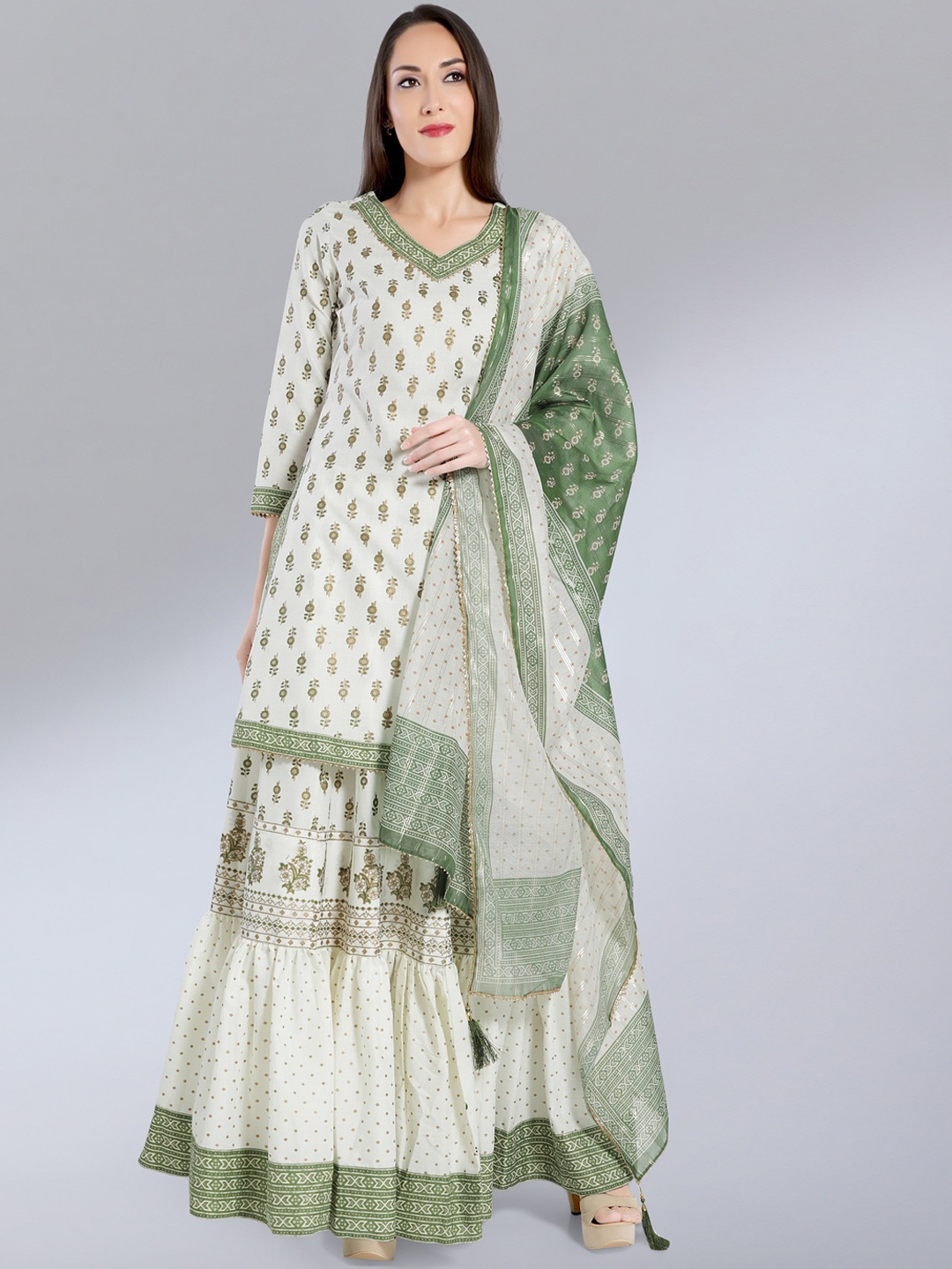 

MADHURAM Women Off White Ethnic Motifs Printed Kurta with Skirt & With Dupatta