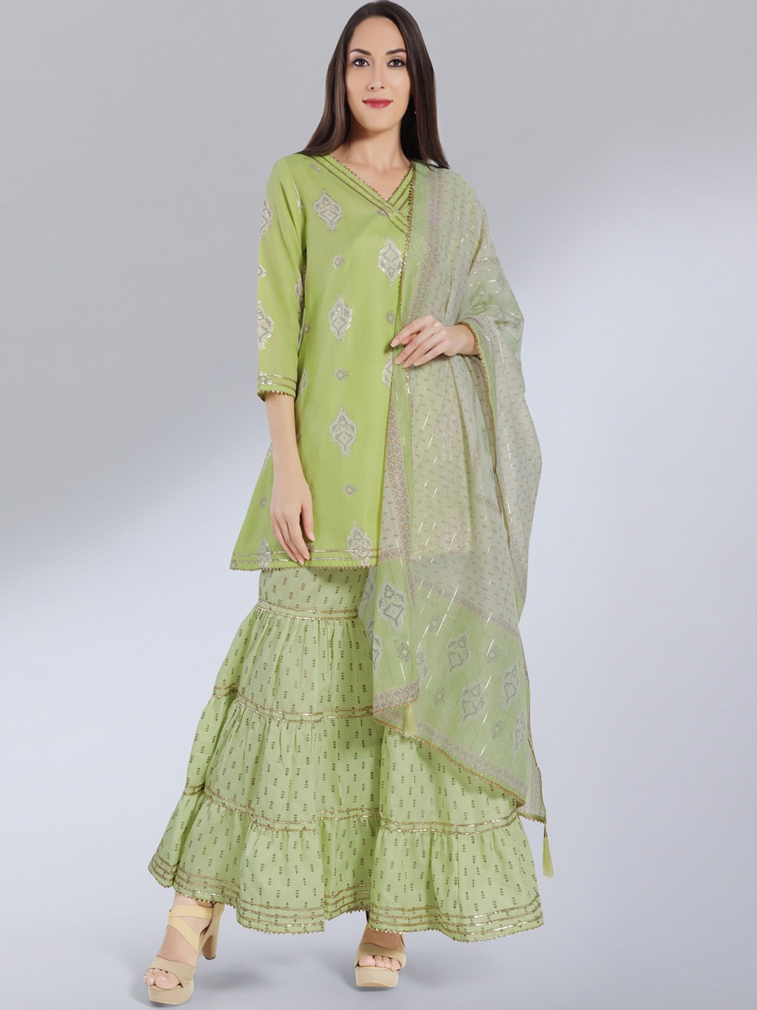 

MADHURAM Women Green Ethnic Motifs Printed Angrakha Kurta with Sharara & With Dupatta