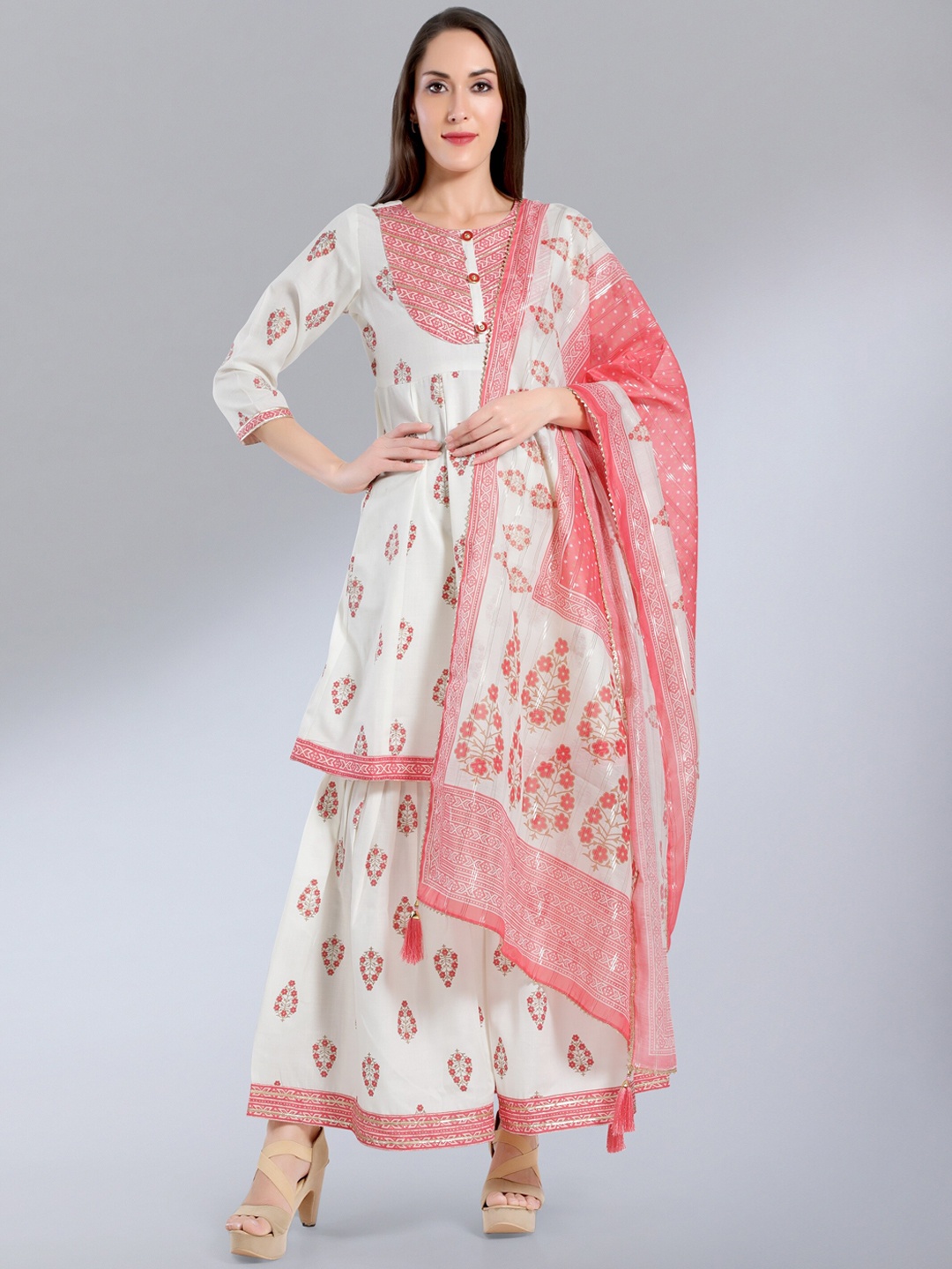 

MADHURAM Women White Floral Printed Layered Kurti with Palazzos & With Dupatta