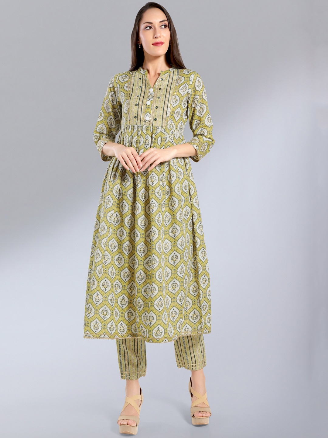 

MADHURAM Women Olive Green Printed Kurti with Palazzos & With Dupatta