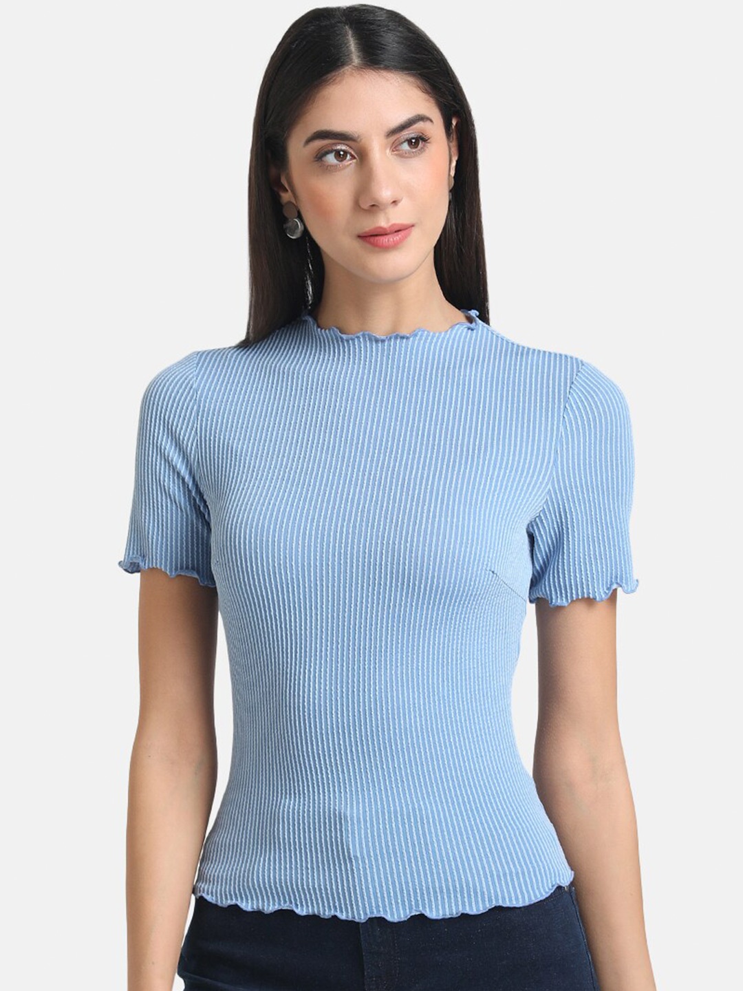 

Kazo Women Blue Ribbed Cotton Fitted T-shirt