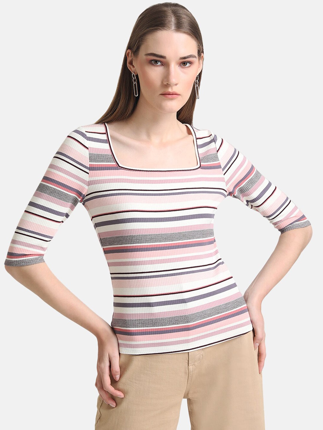 

Kazo Women Multicoloured Striped Cotton T-shirt, Multi