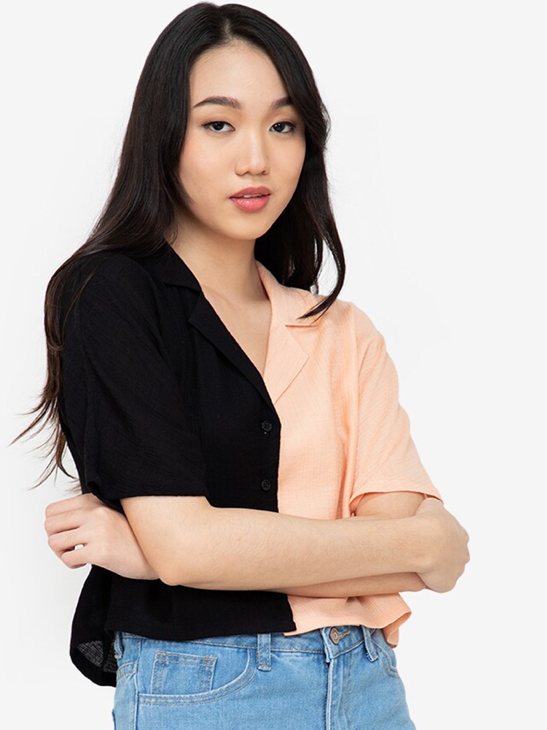

ZALORA BASICS Orange & Black Colourblocked Shirt Style Crop Top