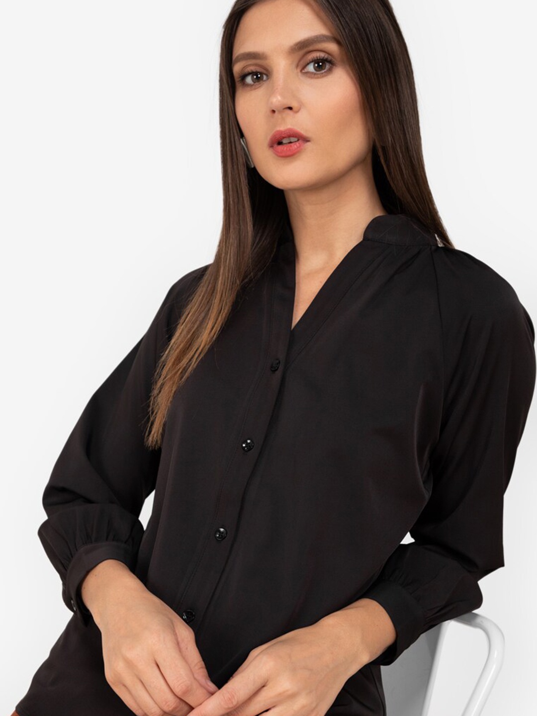 

ZALORA WORK Women Black Casual Raglan Buttoned Shirt