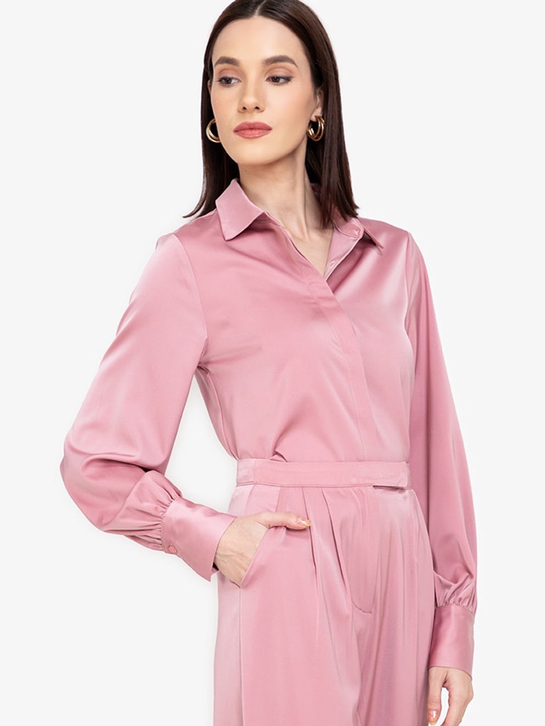 

ZALORA WORK Women Pink Solid Satin Formal Shirt