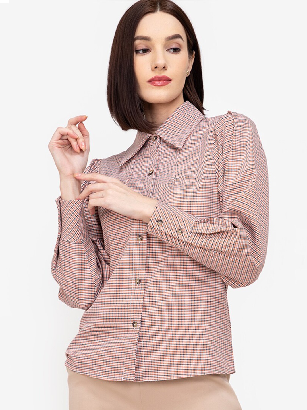 

ZALORA WORK Women Brown Grid Tattersall Checks Checked Casual Shirt