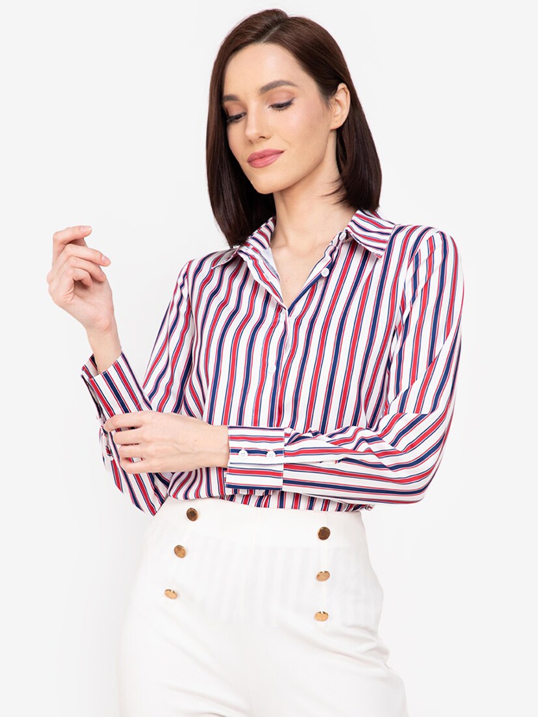 

ZALORA WORK Women White Polyester Striped Casual Shirt