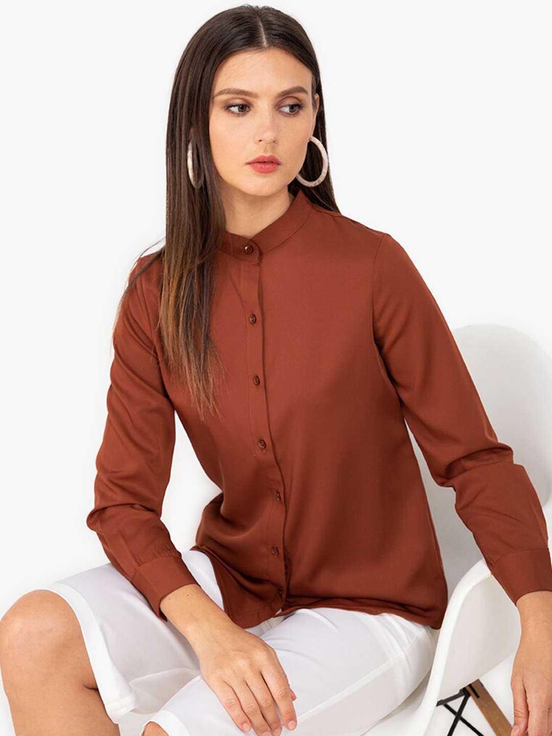 

ZALORA WORK Women Brown Mandarin Collar Formal Shirt