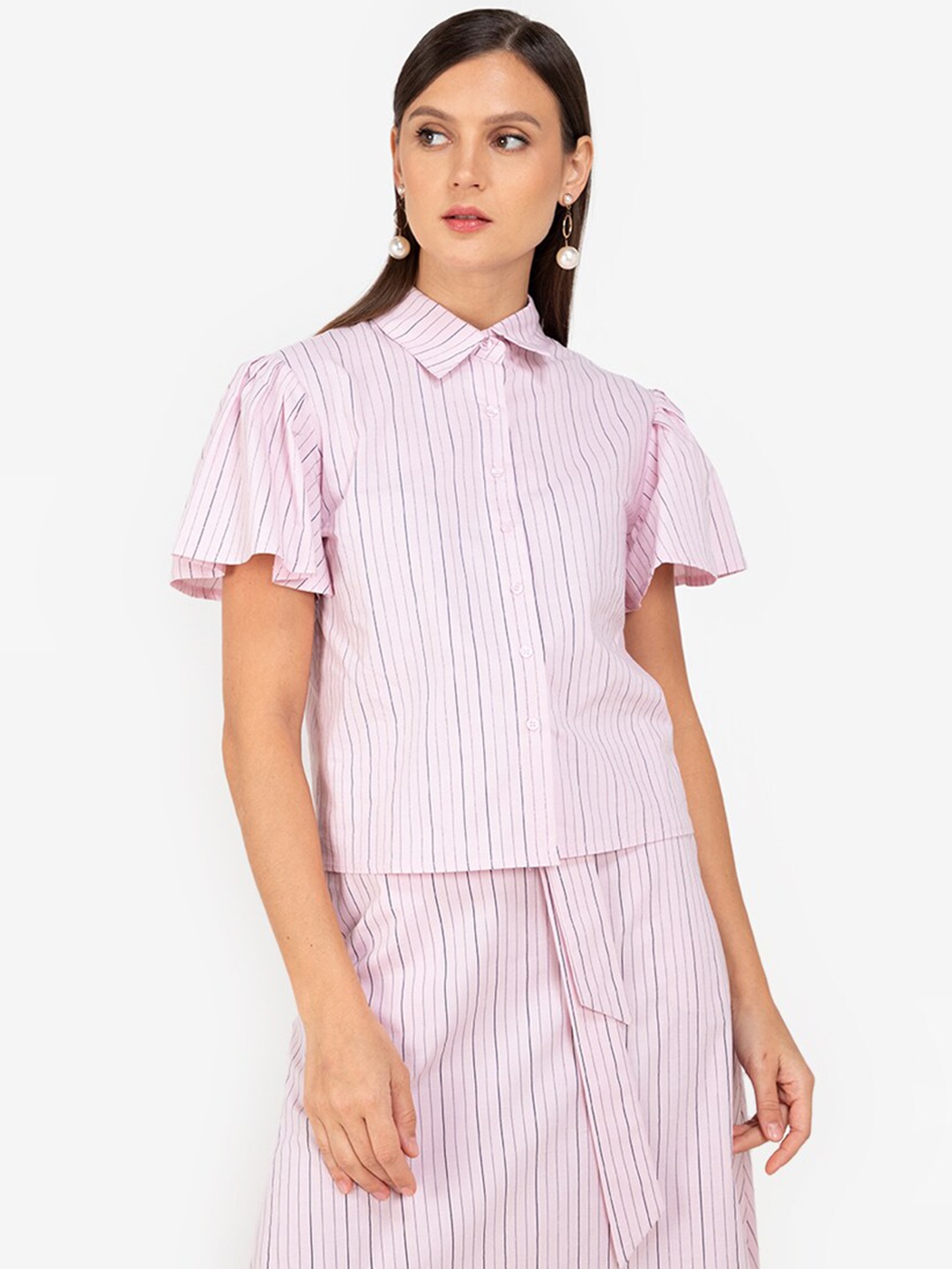 

ZALORA WORK Women Pink Vertical Striped Flared Sleeves Casual Shirt