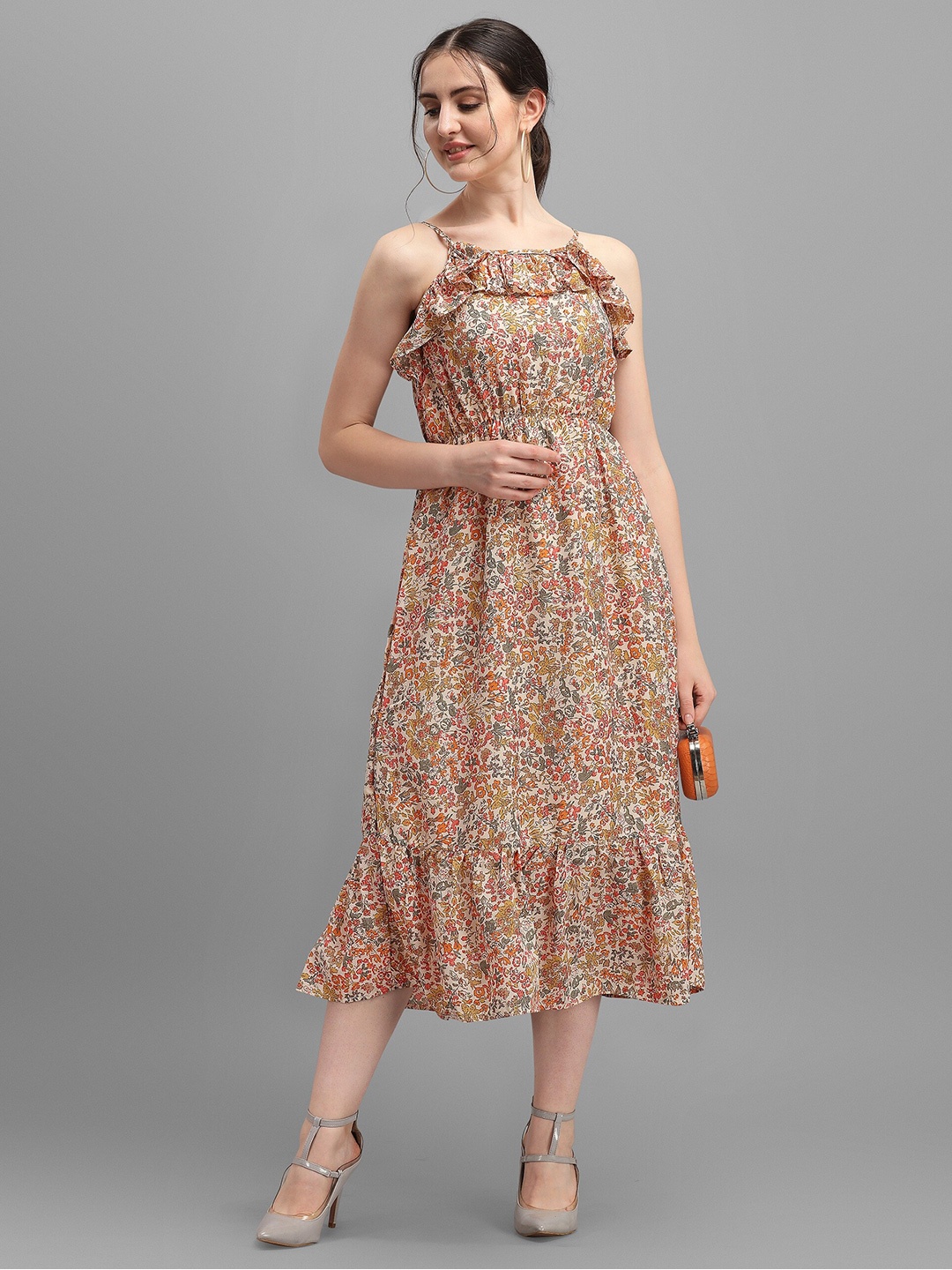 

Wedani Women Beige Floral Linen Chiffon A-Line Midi Dress