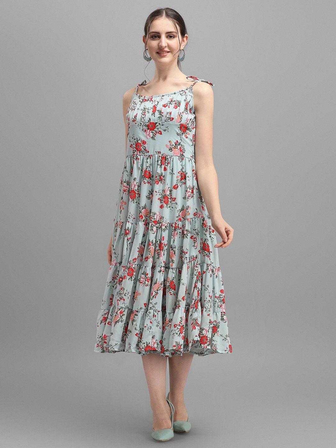 

Wedani Sea Green & Red Floral Linen Chiffon Midi Dress