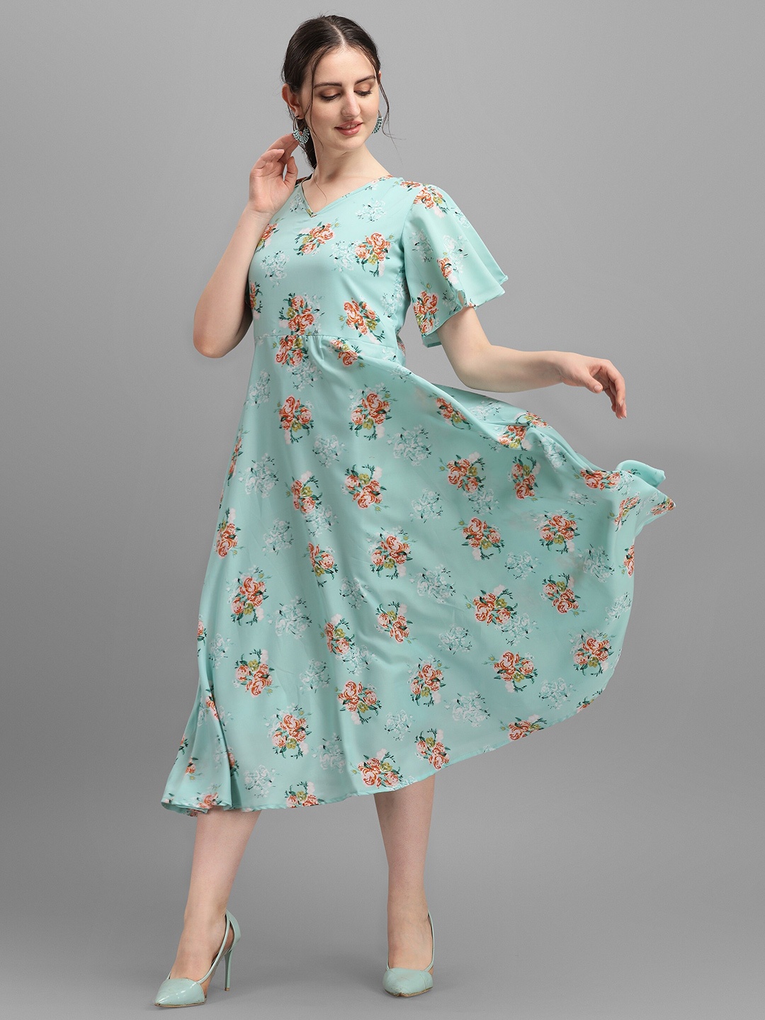 

Wedani Green Floral Printed A-Line Midi Dress