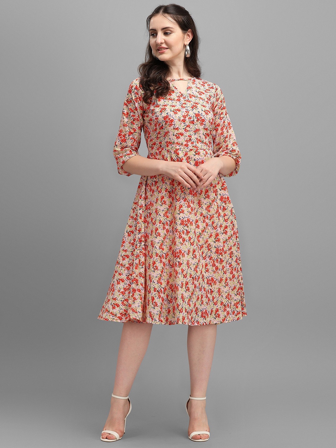 

Wedani Women Pink Floral Linen Chiffon A-Line Midi Dress
