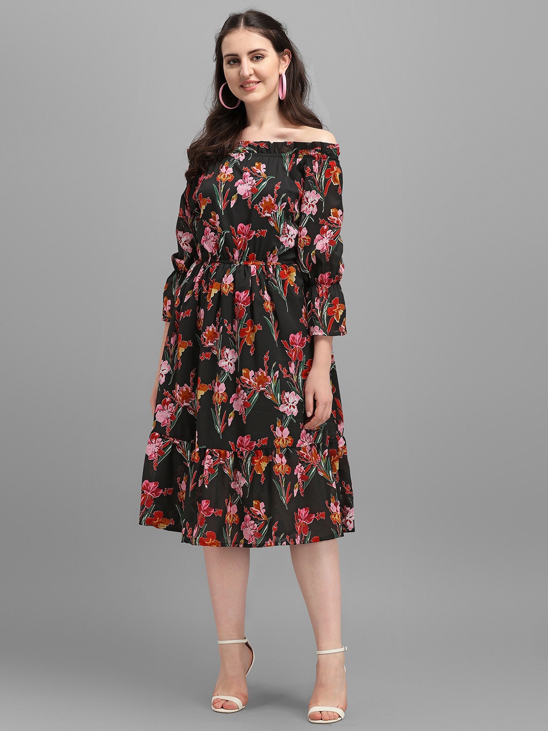 

Wedani Black Floral Linen Chiffon A-Line Midi Dress