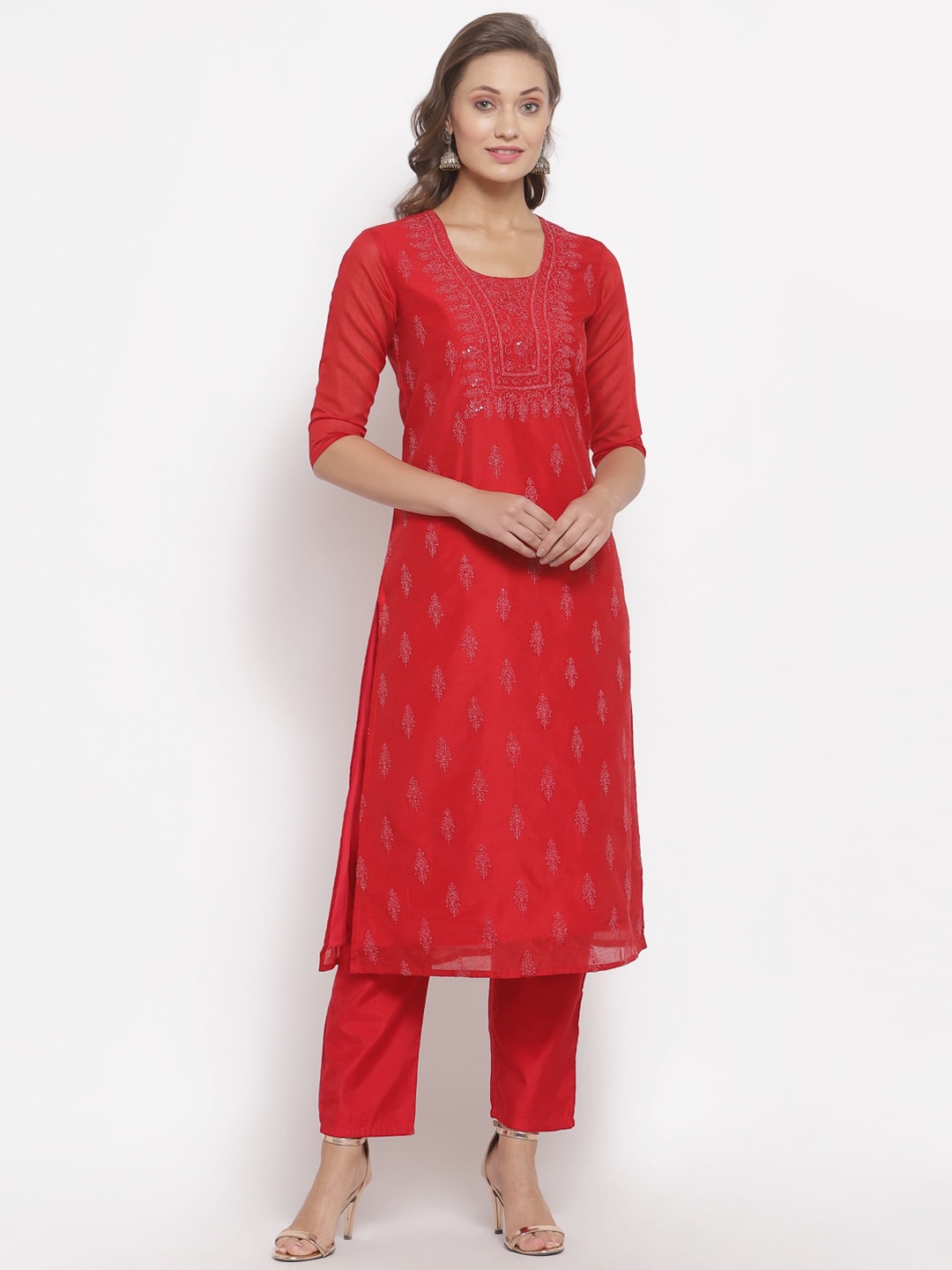 

Desi Weavess Women Red Ethnic Motifs Printed High Slit Kurti with Trousers