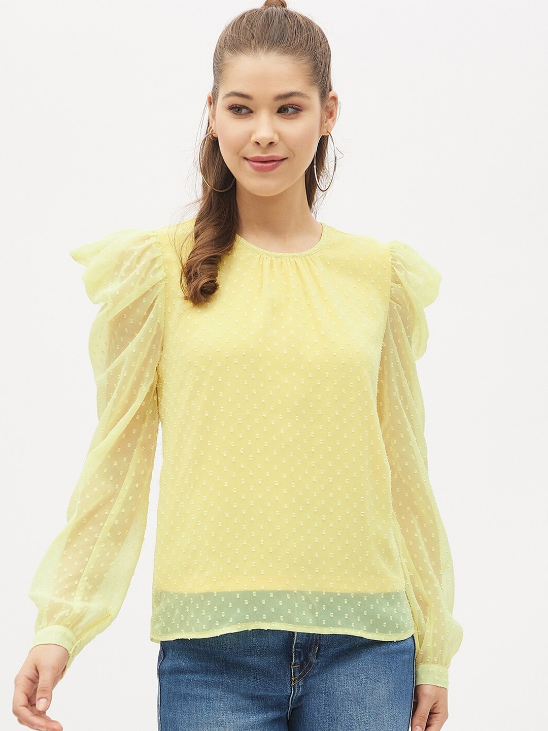 

Harpa Yellow Self Design Georgette Top