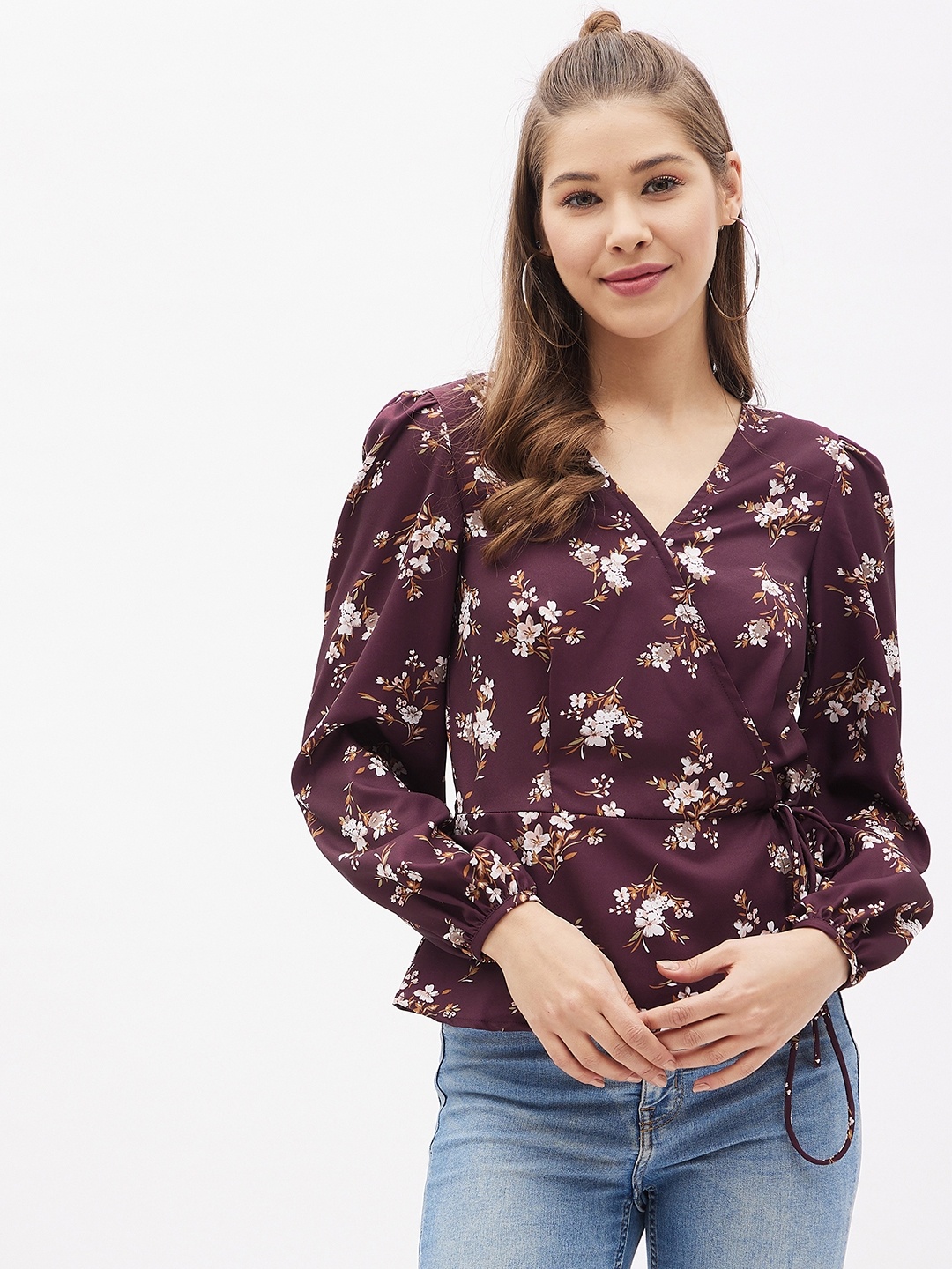 

Harpa Maroon Floral Print Wrap Top