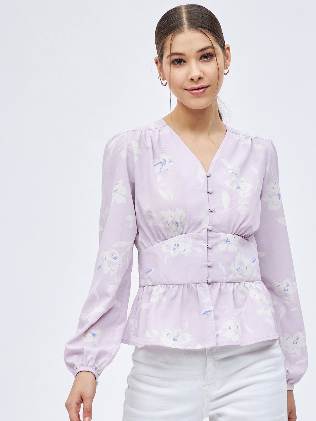 

Harpa Women Purple Floral Print Cinched Waist Top
