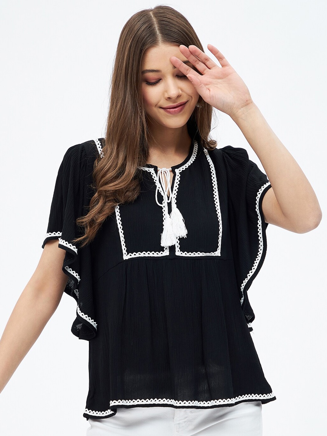 

Harpa Black Tie-Up Neck Top