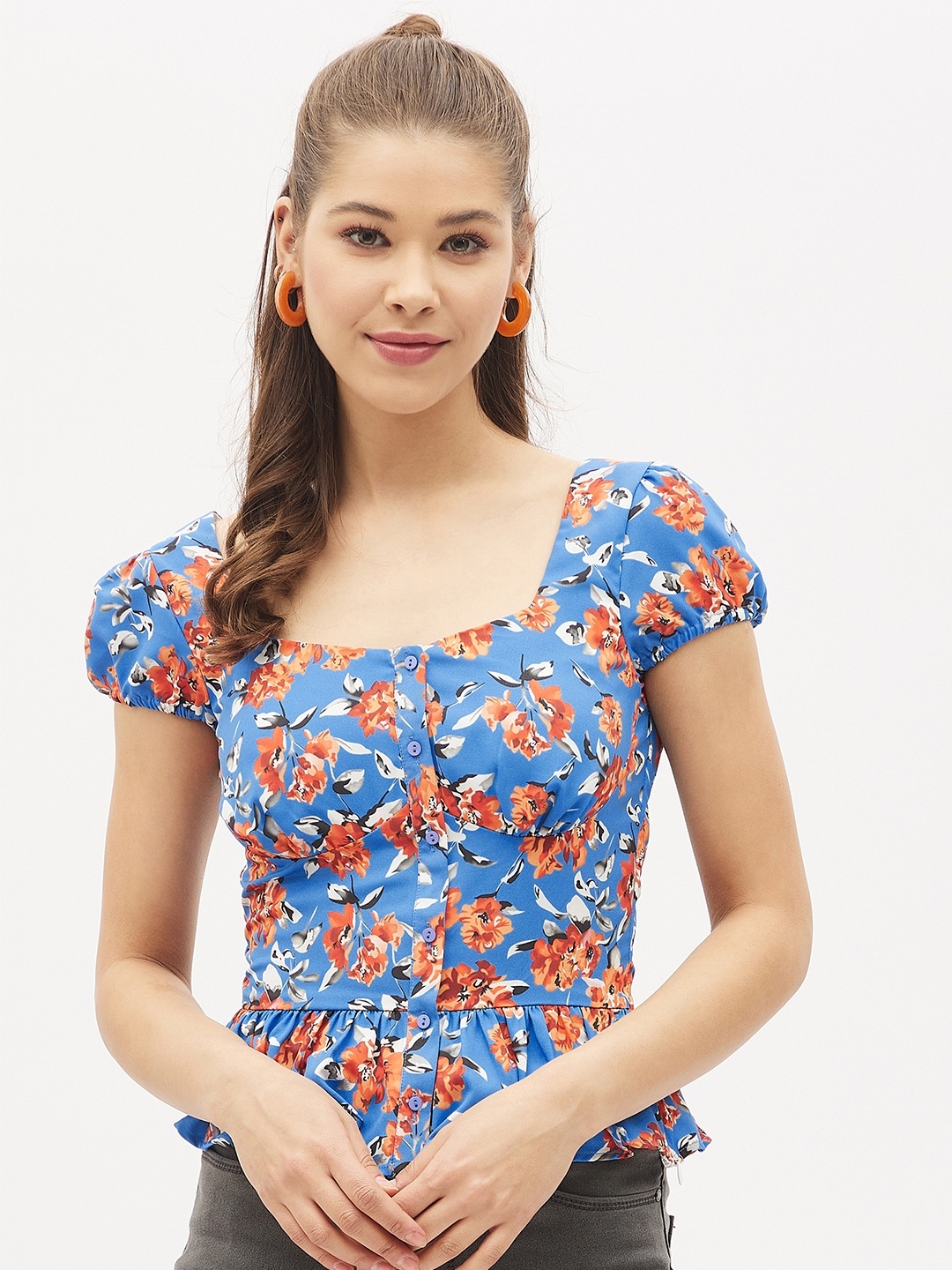 

Harpa Women Blue Floral Print Cinched Waist Top