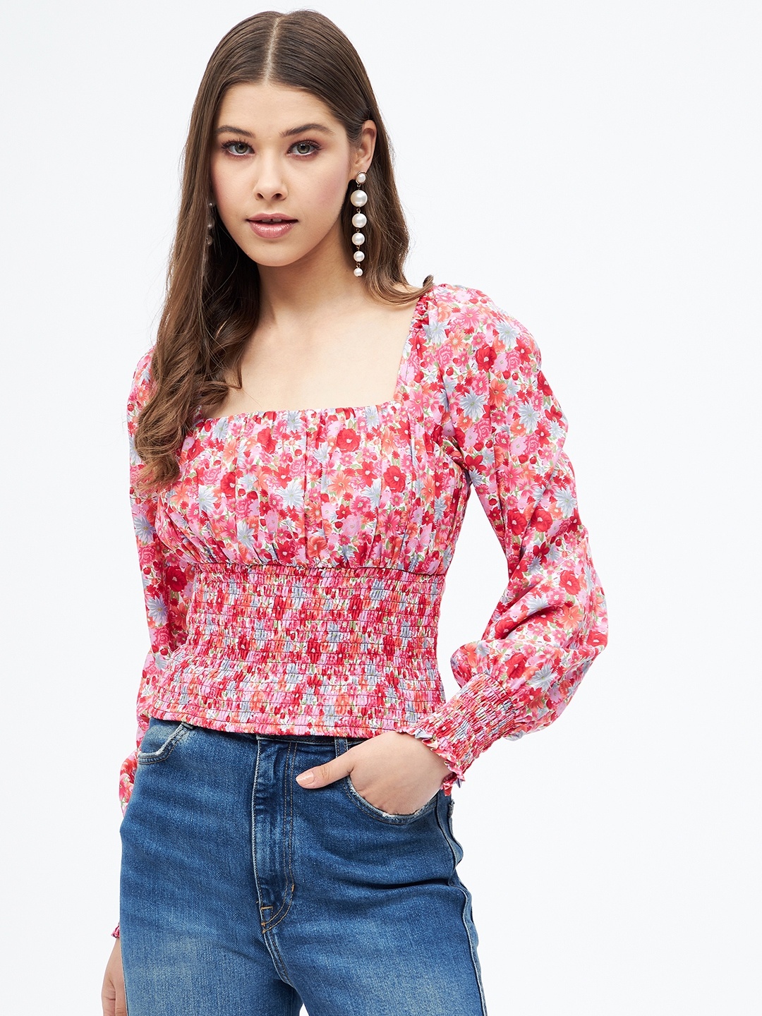 

Harpa Red Floral Print Crepe Cinched Waist Crop Top