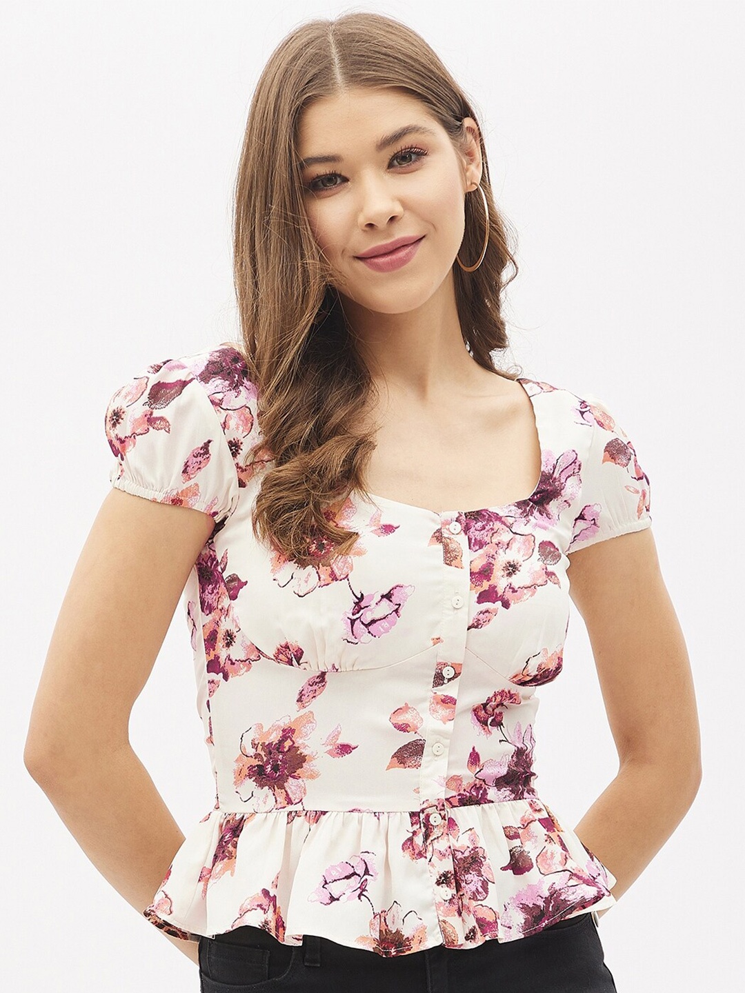 

Harpa Off White Floral Print Peplum Top